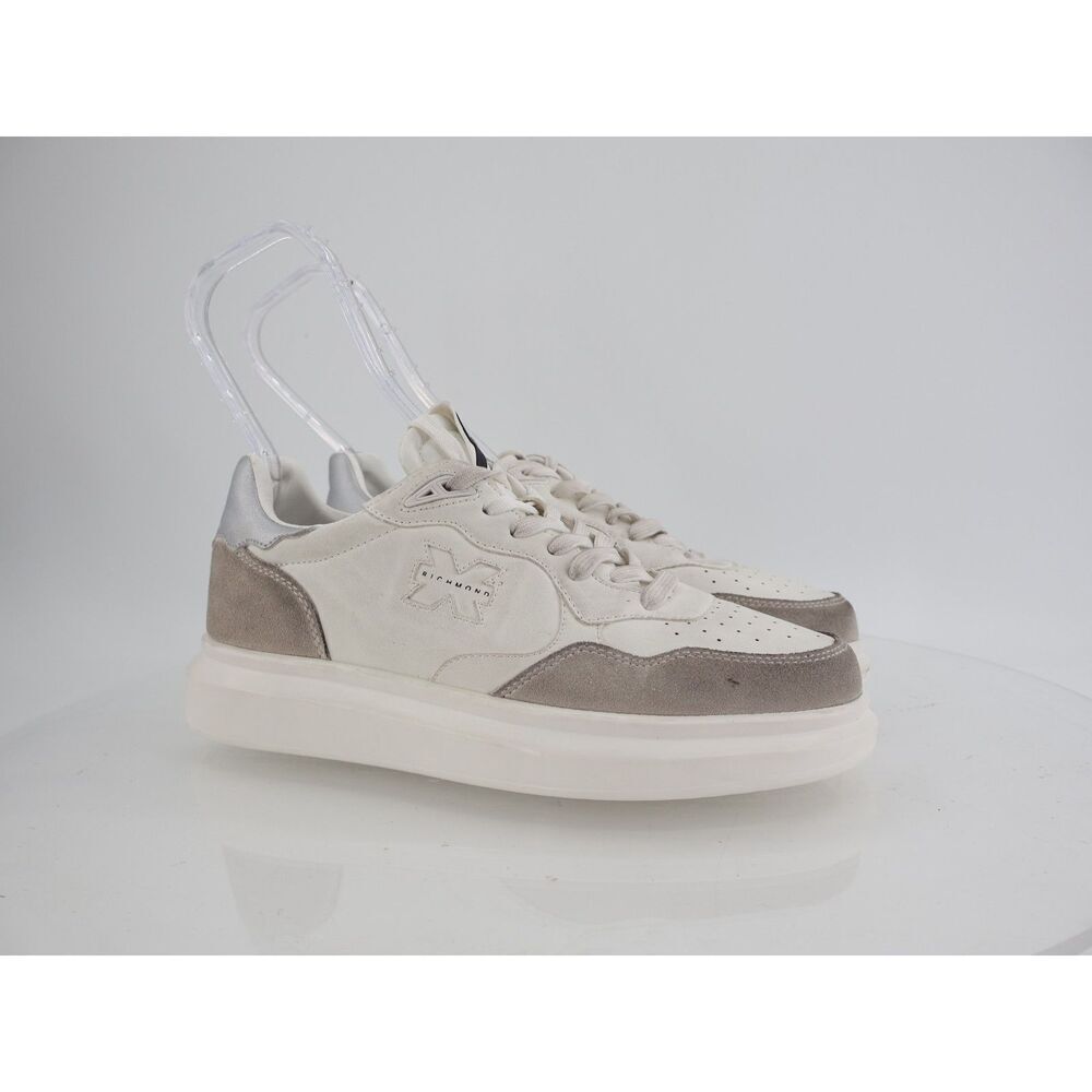 John Richmond Low Top Distressed Sneaker Size 41 10.5 White Tan Leather Lace Up